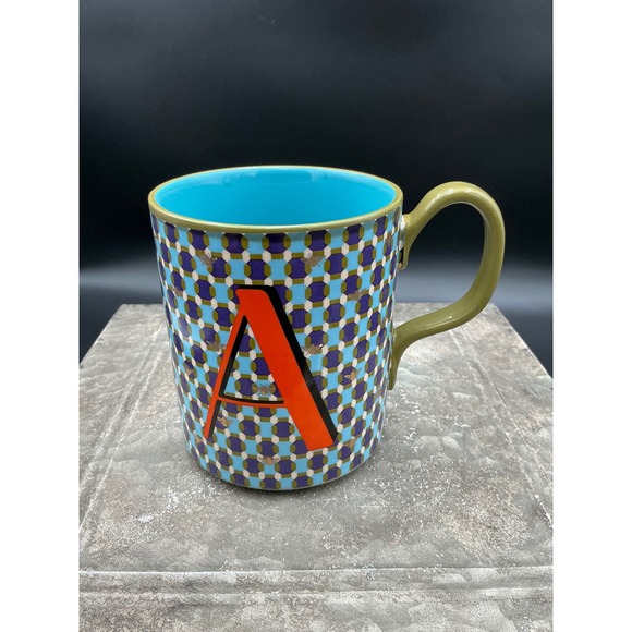 Anthropologie Other - Anthropologie Monogram Letter A Bee Geometric Coffee Mug Blue Orange Turquoise